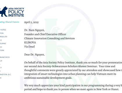 Chứng nhận ghi nhận cho Bài thuyết trình tại Tổ chức Asia Society-Schwarzman: Hội thảo cựu sinh viên của nhân viên KLINOVA